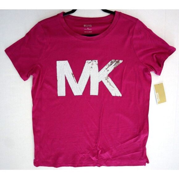 Michael Kors QH350C36TF Women's Sz M Deep Fuchsia "MK" Sequin Logo T- Shirt - Picture 8 of 8
